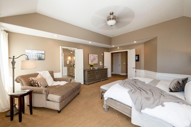6658 S Caracol Cv, Cottonwood Heights, UT 84121 - bedroom featuring lofted ceiling, light carpet, recessed lighting, and connected bathroom