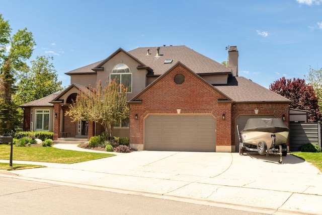 6658 S Caracol Cv, Cottonwood Heights, UT 84121 - traditional-style house with driveway, a garage, brick siding, and a chimney
