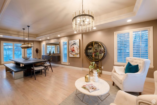 6658 S Caracol Cv, Cottonwood Heights, UT 84121 - dining space featuring a tray ceiling, a chandelier, recessed lighting, light wood-style floors, and baseboards