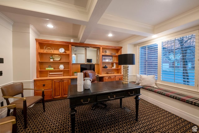 6658 S Caracol Cv, Cottonwood Heights, UT 84121 - office space with ornamental molding, beam ceiling, coffered ceiling, carpet flooring, and recessed lighting