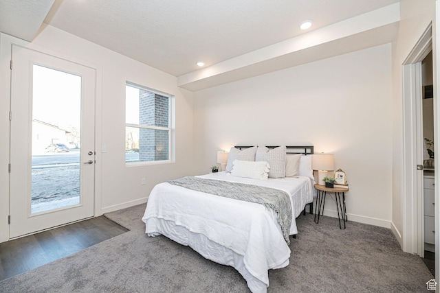 carpeted bedroom featuring access to exterior, recessed lighting, and baseboards