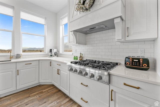 3932 W 2875 N, Plain City, UT 84404 - kitchen featuring stainless steel gas cooktop, backsplash, white cabinets, light wood-style flooring, and light countertops
