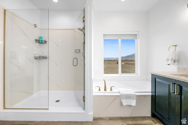 3932 W 2875 N, Plain City, UT 84404 - full bathroom featuring a marble finish shower, a garden tub, a mountain view, wood finished floors, and vanity