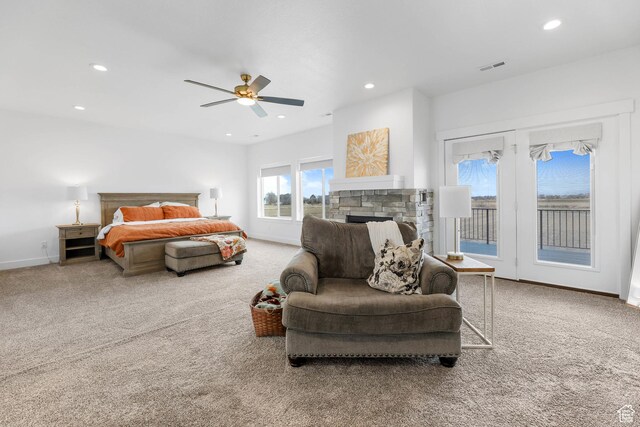 3932 W 2875 N, Plain City, UT 84404 - bedroom featuring access to exterior, carpet, recessed lighting, a fireplace, and baseboards