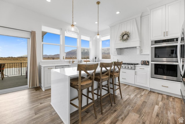 3932 W 2875 N, Plain City, UT 84404 - kitchen with stainless steel appliances, a sink, light wood-style flooring, light countertops, and white cabinets