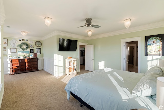 434 S Cardon Ridge Dr, Smithfield, UT 84335 - bedroom featuring ornamental molding, carpet flooring, a wainscoted wall, and ceiling fan