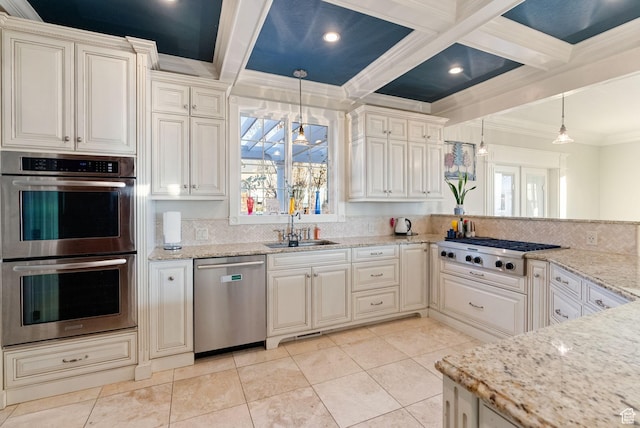 434 S Cardon Ridge Dr, Smithfield, UT 84335 - kitchen with stainless steel appliances, a sink, ornamental molding, coffered ceiling, and tasteful backsplash