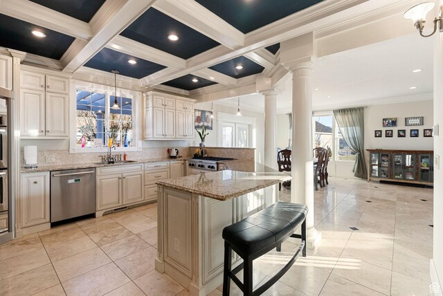 434 S Cardon Ridge Dr, Smithfield, UT 84335 - kitchen featuring stainless steel dishwasher, ornate columns, ornamental molding, light stone countertops, and beamed ceiling