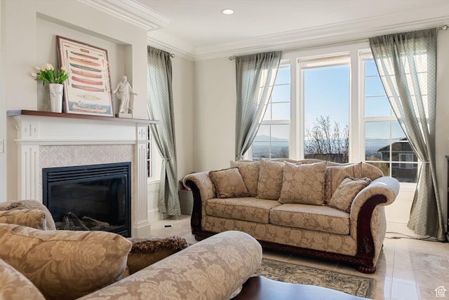 434 S Cardon Ridge Dr, Smithfield, UT 84335 - living room with crown molding, a tile fireplace, tile patterned floors, and recessed lighting