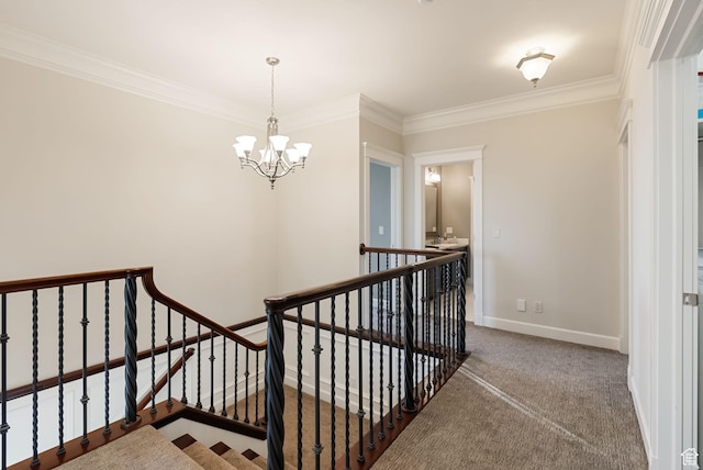 434 S Cardon Ridge Dr, Smithfield, UT 84335 - staircase featuring a chandelier, ornamental molding, carpet, and baseboards
