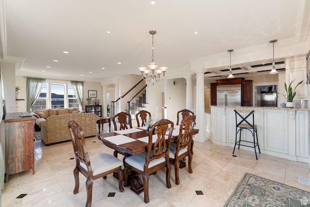 434 S Cardon Ridge Dr, Smithfield, UT 84335 - dining room featuring decorative columns, ornamental molding, recessed lighting, a chandelier, and coffered ceiling