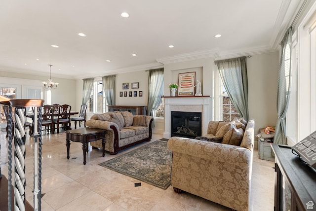 434 S Cardon Ridge Dr, Smithfield, UT 84335 - living area with a chandelier, a glass covered fireplace, recessed lighting, crown molding, and light tile patterned floors