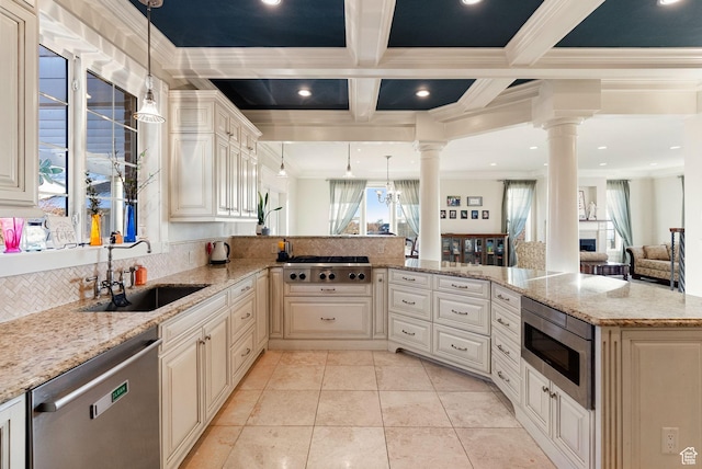 434 S Cardon Ridge Dr, Smithfield, UT 84335 - kitchen featuring appliances with stainless steel finishes, a sink, ornate columns, beam ceiling, and ornamental molding
