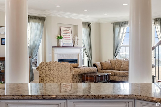 434 S Cardon Ridge Dr, Smithfield, UT 84335 - living room with a fireplace, crown molding, and recessed lighting