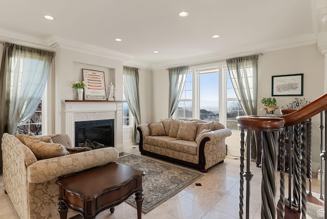 434 S Cardon Ridge Dr, Smithfield, UT 84335 - living area with a glass covered fireplace, ornamental molding, and recessed lighting