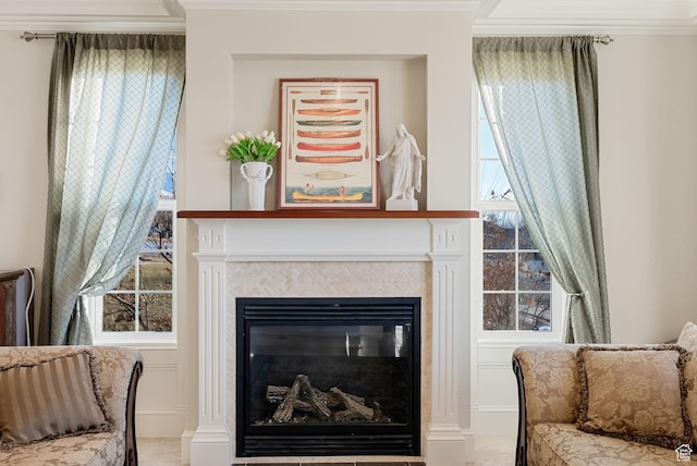 434 S Cardon Ridge Dr, Smithfield, UT 84335 - living area with crown molding and a tile fireplace