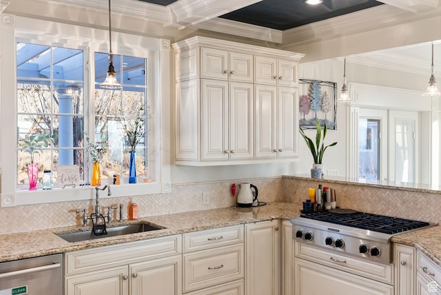 434 S Cardon Ridge Dr, Smithfield, UT 84335 - kitchen featuring stainless steel appliances, a sink, crown molding, tasteful backsplash, and light stone countertops