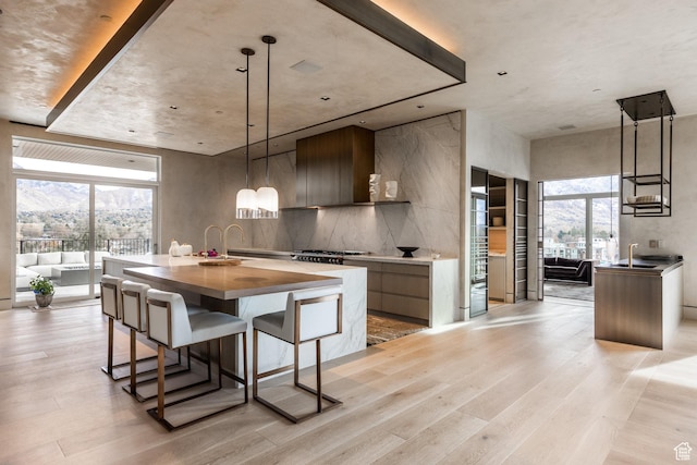 1920 E Rodeo Walk Dr Unit 516, Holladay, UT 84117 - kitchen featuring modern cabinets, light wood-type flooring, an island with sink, a sink, and hanging light fixtures