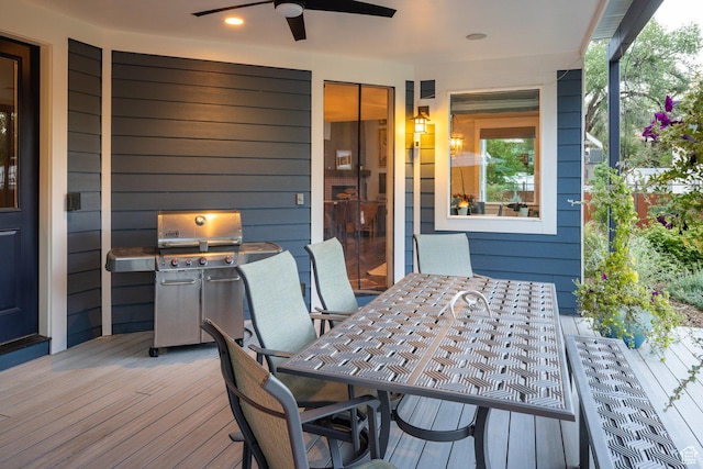 424 E Secret Cove Ct, Moab, UT 84532 - wooden terrace featuring a ceiling fan, outdoor dining area, and area for grilling