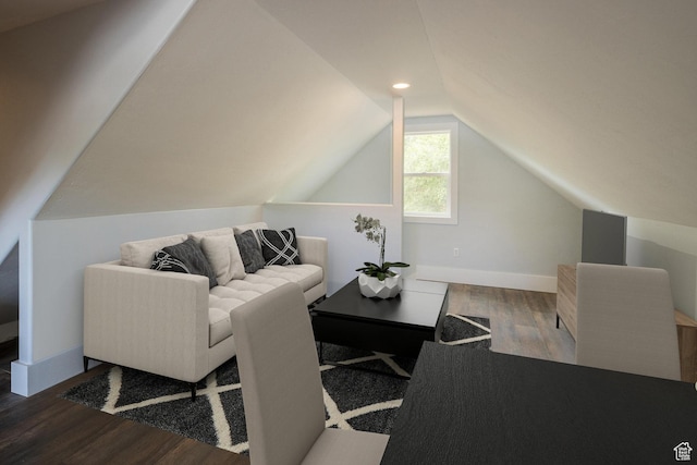 424 E Secret Cove Ct, Moab, UT 84532 - living area featuring baseboards, wood finished floors, and lofted ceiling