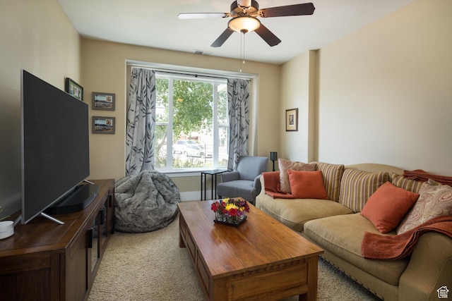 424 E Secret Cove Ct, Moab, UT 84532 - living room featuring ceiling fan, visible vents, and light colored carpet