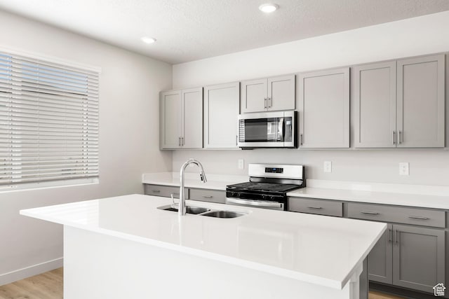 3141 W 3500 S Unit 113, West Haven, UT 84401 - kitchen featuring appliances with stainless steel finishes, a sink, light countertops, gray cabinets, and a center island with sink