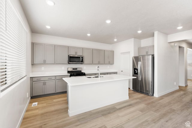 3141 W 3500 S Unit 113, West Haven, UT 84401 - kitchen with a sink, a kitchen island with sink, gray cabinets, stainless steel appliances, and baseboards