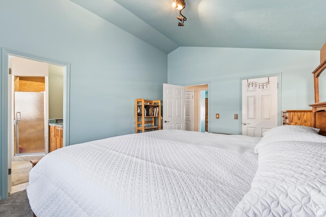 carpeted bedroom featuring vaulted ceiling
