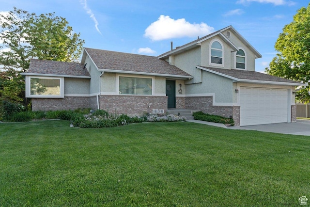 12716 S 1300 E, Draper, UT 84020 - tri-level home featuring stucco siding, concrete driveway, an attached garage, brick siding, and a front yard