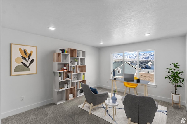 carpeted office featuring a textured ceiling