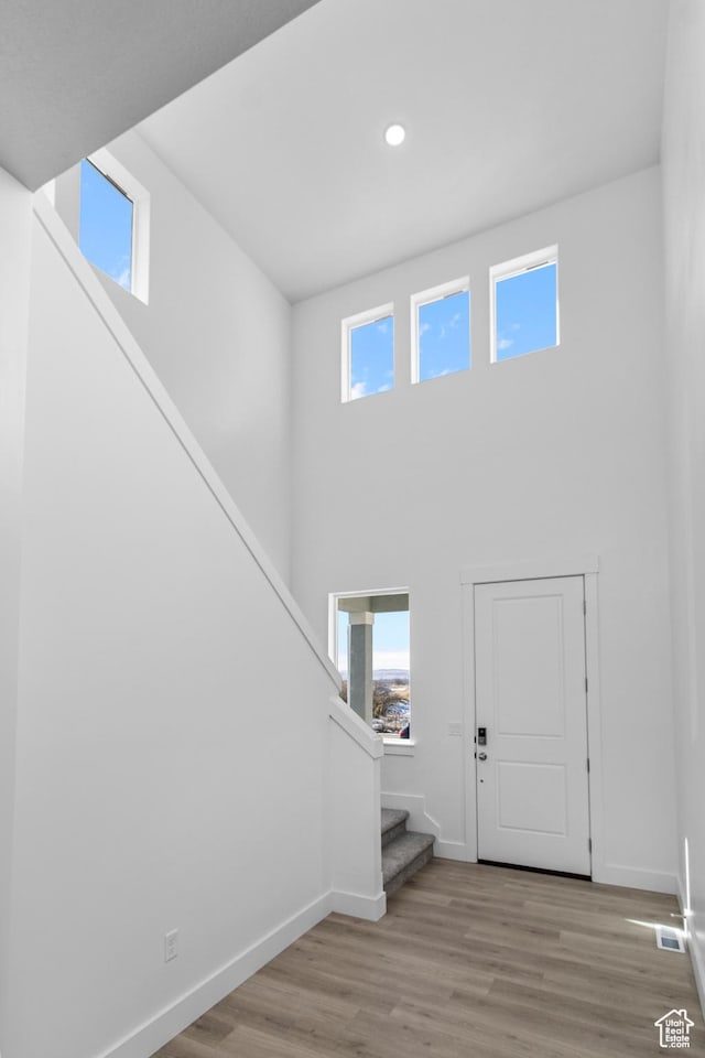 entryway featuring a high ceiling and light hardwood / wood-style flooring