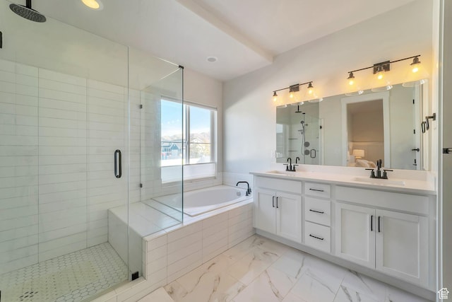 1521 E Thorpe Dr, Eagle Mountain, UT 84005 - bathroom featuring a shower stall, double vanity, a bath, marble finish floor, and a sink