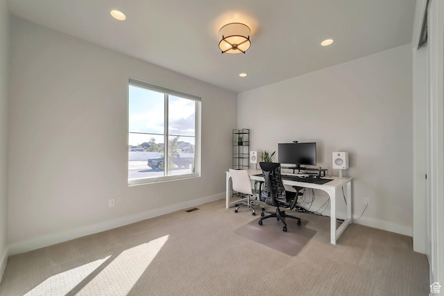 1521 E Thorpe Dr, Eagle Mountain, UT 84005 - office featuring recessed lighting, visible vents, baseboards, and light colored carpet
