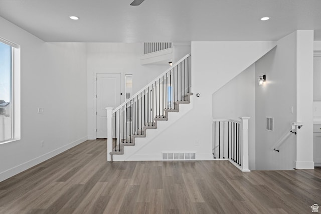 1504 S Lukas Ln, Saratoga Springs, UT 84045 - stairs featuring hardwood / wood-style floors and ceiling fan