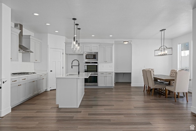 1504 S Lukas Ln, Saratoga Springs, UT 84045 - kitchen featuring stainless steel appliances, a kitchen island with sink, pendant lighting, and wall chimney exhaust hood