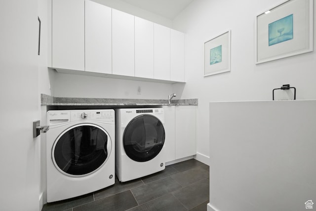 11515 N White Tail Ct, Hideout, UT 84036 - laundry area featuring cabinet space, washer and clothes dryer, and dark tile patterned floors