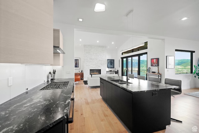 11515 N White Tail Ct, Hideout, UT 84036 - kitchen featuring a sink, modern cabinets, dark cabinets, and a fireplace