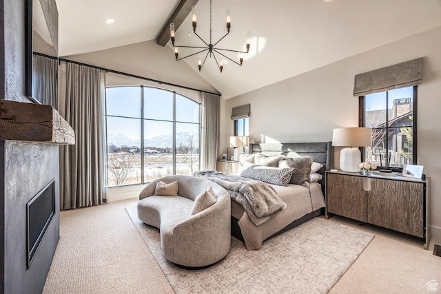 149 N Haystack Mountain Dr, Heber City, UT 84032 - bedroom featuring a chandelier, light carpet, beamed ceiling, a mountain view, and high vaulted ceiling
