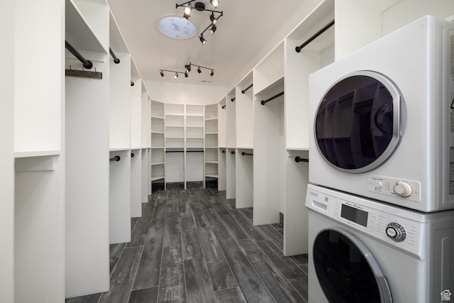 7748 W Mountain Dell Dr, Vernal, UT 84078 - laundry room with dark wood-type flooring and stacked washer / dryer