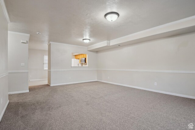 spare room featuring crown molding, a textured ceiling, and carpet