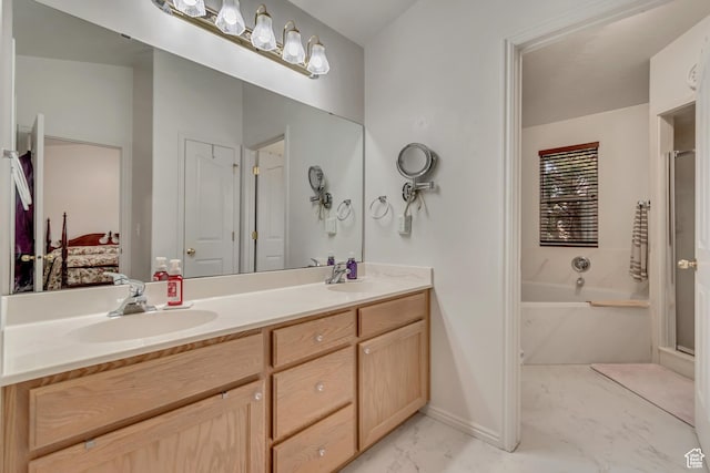 12159 S Swensen Cir, Riverton, UT 84096 - ensuite bathroom featuring a bath, double vanity, marble look tiles, and a shower stall