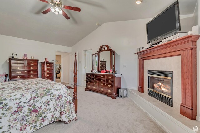 12159 S Swensen Cir, Riverton, UT 84096 - bedroom featuring light colored carpet, a fireplace, lofted ceiling, and ceiling fan