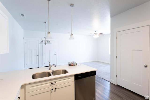 1454 N 3830 W Unit D201, Lehi, UT 84043 - kitchen with a ceiling fan, hanging light fixtures, dishwasher, a sink, and light countertops