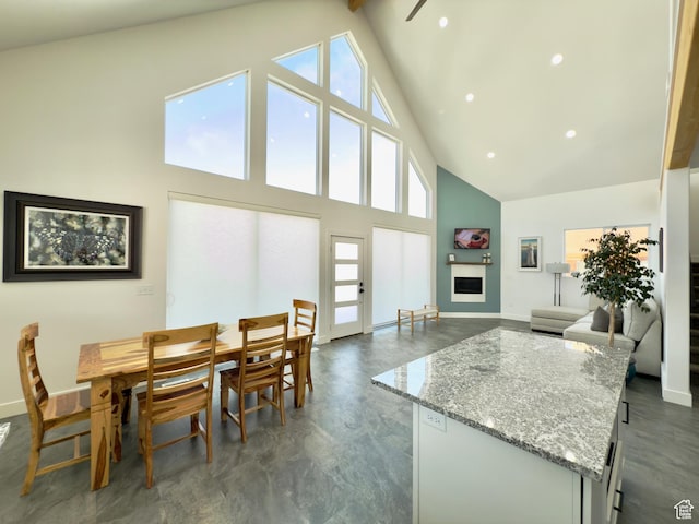 1610 N Mackinaw Way, Garden City, UT 84028 - dining room with high vaulted ceiling, baseboards, a fireplace, and recessed lighting