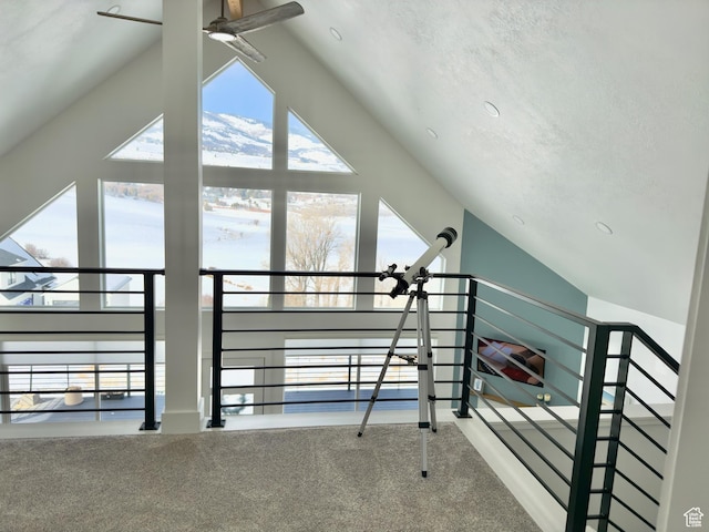 1610 N Mackinaw Way, Garden City, UT 84028 - interior space featuring carpet floors, high vaulted ceiling, a textured ceiling, and ceiling fan