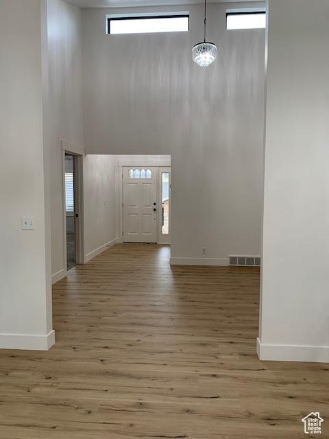 entryway featuring plenty of natural light, light hardwood / wood-style floors, and a high ceiling