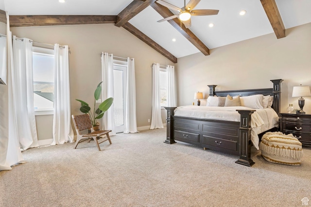 1595 E Duggan Dr, Eagle Mountain, UT 84005 - bedroom with light carpet, vaulted ceiling with beams, and ceiling fan