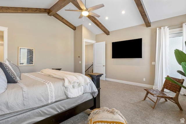 1595 E Duggan Dr, Eagle Mountain, UT 84005 - bedroom with lofted ceiling with beams, carpet flooring, and ceiling fan