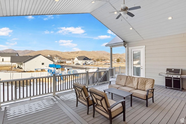 1595 E Duggan Dr, Eagle Mountain, UT 84005 - wooden deck featuring an outdoor living space, a mountain view, a grill, and ceiling fan