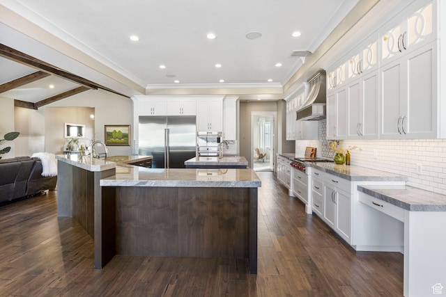 1595 E Duggan Dr, Eagle Mountain, UT 84005 - kitchen with white cabinetry, custom exhaust hood, a large island with sink, and appliances with stainless steel finishes